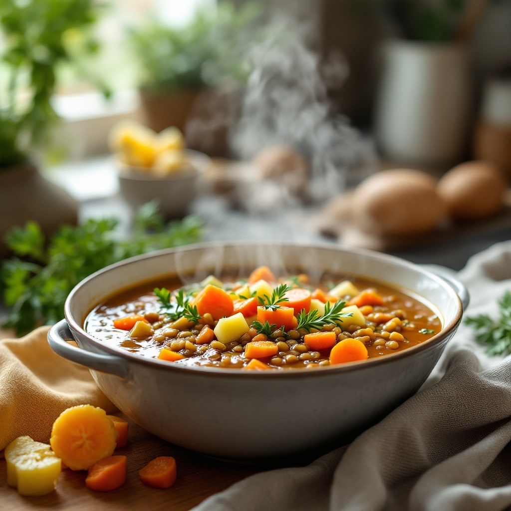 A warm bowl of lentil soup filled with carrots and celery, garnished with fresh herbs.