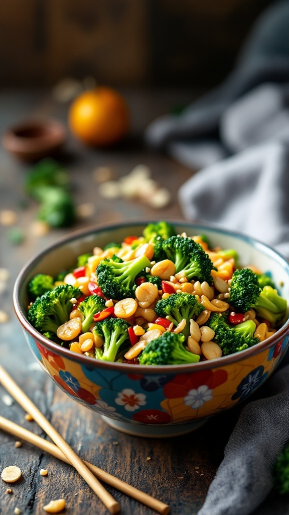 Stir-fried broccoli with garlic, ginger, and nuts in a colorful bowl.