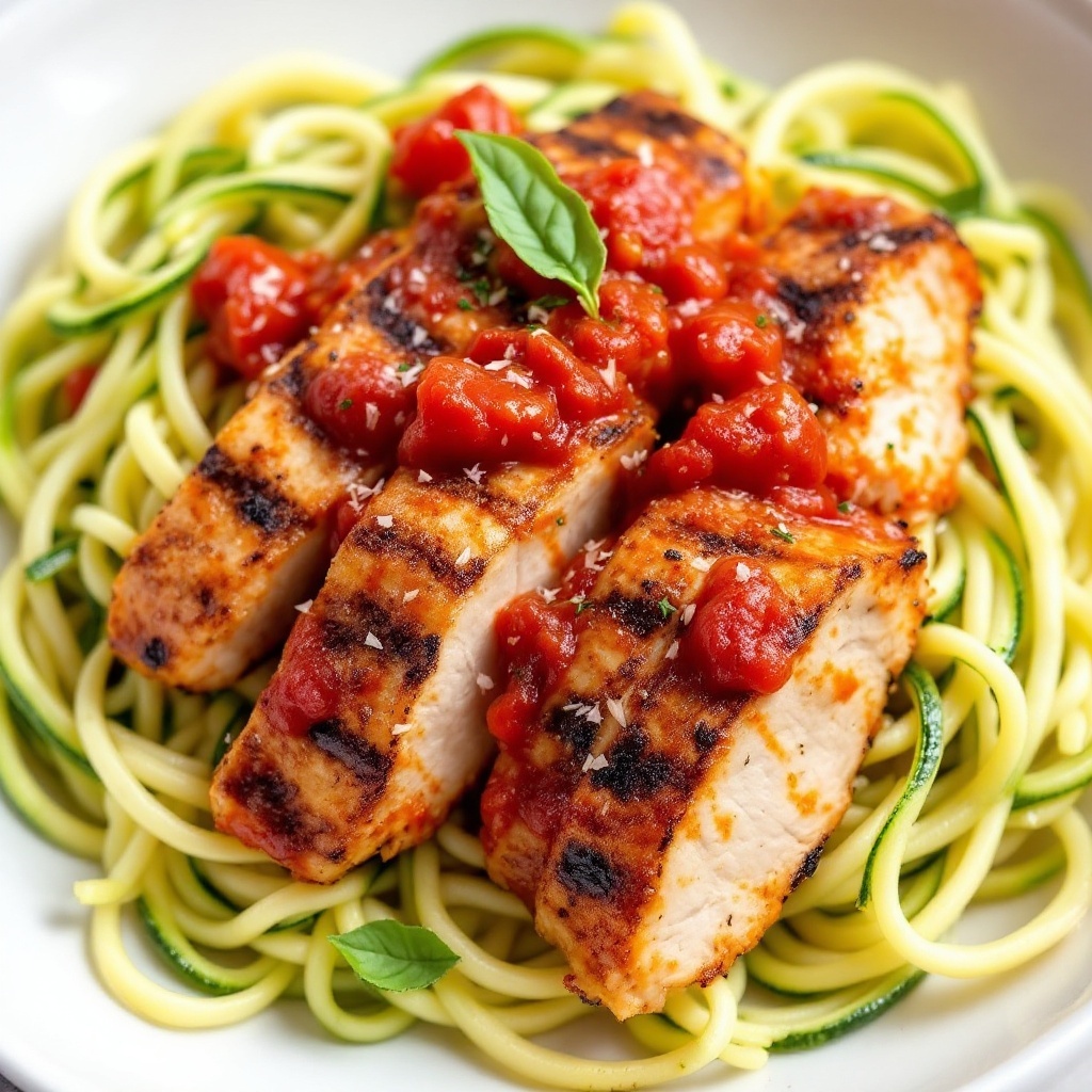 A plate of zucchini noodles topped with marinara sauce and sliced grilled chicken.