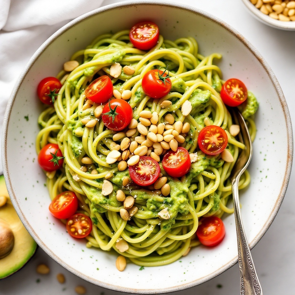 A bowl of creamy avocado pesto pasta topped with cherry tomatoes and pine nuts.